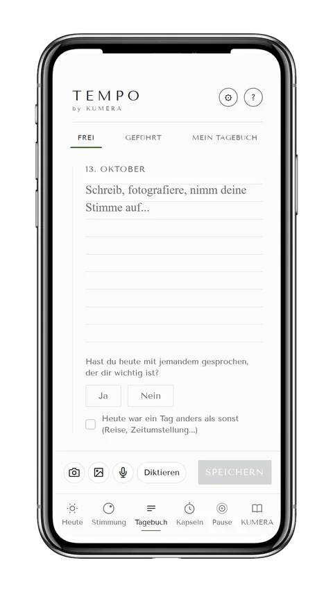 Screenshot des Tagebuch-Bildschirms der TEMPO-App