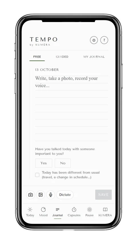 Screenshot of the Journal screen in the TEMPO app