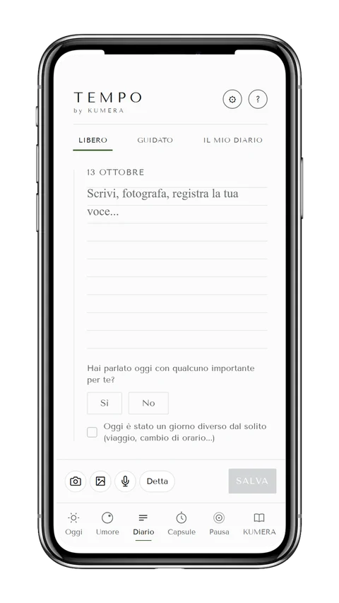 Schermata Diario dell'app TEMPO
