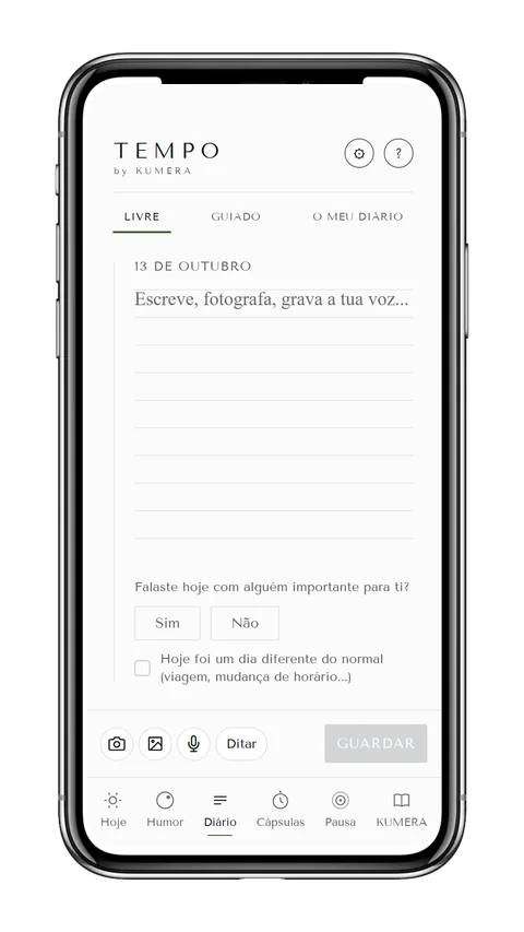 Captura do ecrã Diário da app TEMPO