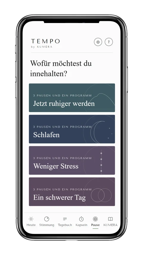 Screenshot des Pause-Bildschirms der TEMPO-App